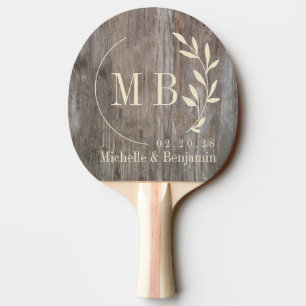 Raquette De Ping Pong Planches Usées Monogramme de Mariage Feuille
