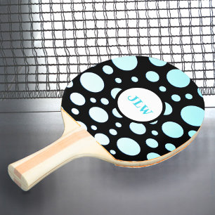 Raquette De Ping Pong Polka-point bleu rétro moderne sur noir