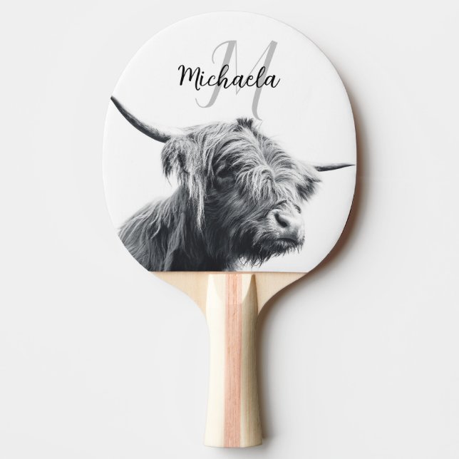 Raquette De Ping Pong Portrait de vache Highland premier monogramme noir (Devant)