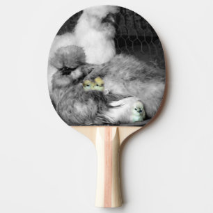 Raquette De Ping Pong Poulet noir et blanc en soie avec poulets jaunes
