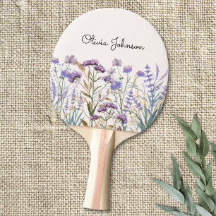 Raquette De Ping Pong Pré de fleurs sauvages mauves aquarelle Monogramme