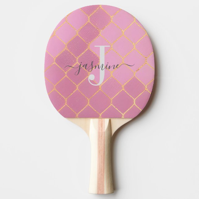 Raquette De Ping Pong Rafting Or & Rose Glitter Monogramme Script (Devant)