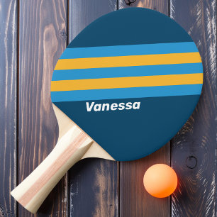 Raquette De Ping Pong Rayures Bleu Marine Rétro avec Nom