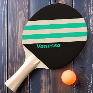 Raquette De Ping Pong Rayures de menthe minuit rétro avec nom