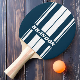 Raquette De Ping Pong Rayures de planche duales Navy rétro avec nom