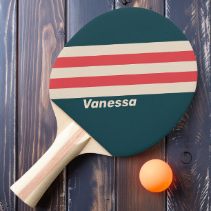 Raquette De Ping Pong Rayures de vibration sarcelle rétro avec nom