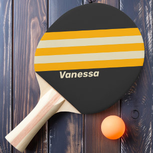 Raquette De Ping Pong Rayures noires rétro du soleil avec nom