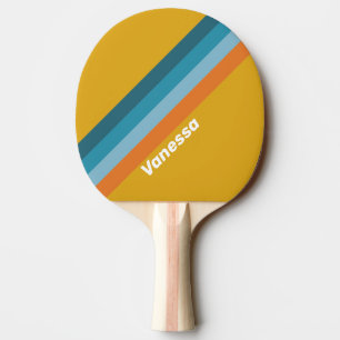 Raquette De Ping Pong Rayures Rétro Jaunes avec Nom