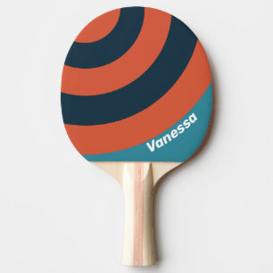 Raquette De Ping Pong Rétro Cercle rayé sarcelle avec nom éclaboussé