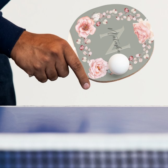 Raquette De Ping Pong Rose d'aquarelle Wreath personnalisée | Vert sage (Insitu)