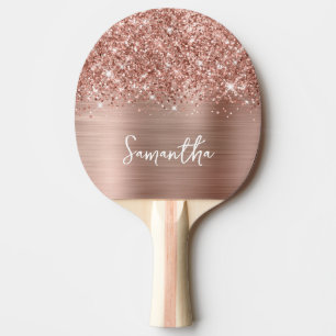 Raquette De Ping Pong Rose Gold Pailleté et Feuille de Luxe Nom de Scrip