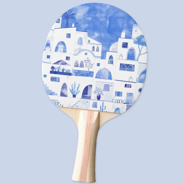Raquette De Ping Pong Santorin Oia Ile grecque Aquarelle Townscape (Oia Santorini Greece blue and white watercolor art ping pong paddle)