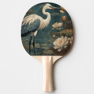 Raquette De Ping Pong scène botanique vintage grue bleue et lotus aussi