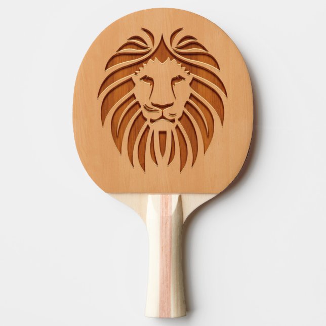 Raquette De Ping Pong Tête de lion gravée sur le bois (Devant)