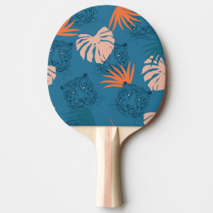 Raquette De Ping Pong Tigres tropicaux Feuilles Bleu profond