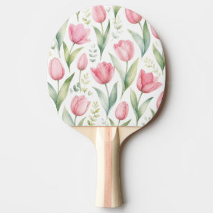 Raquette De Ping Pong Tulipes roses Peinture florale aquarelle botanique