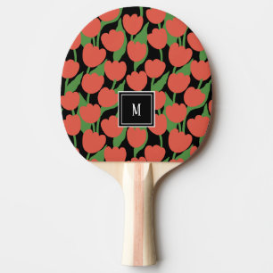 Raquette De Ping Pong Tulipes rouges rétro, monogramme personnalisé