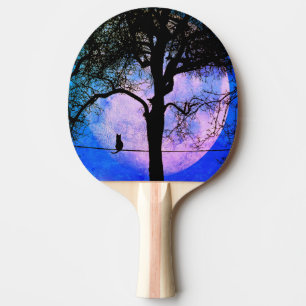 Raquette De Ping Pong Un chat noir sur une Pleine lune de fil