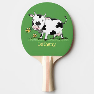 Raquette De Ping Pong Vache mignonne en vert dessin animé sur le terrain