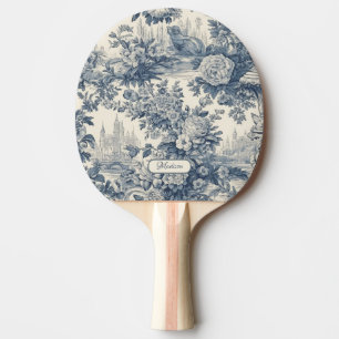 Raquette De Ping Pong Vintage chic floral Bleu toile de jouy monogramme
