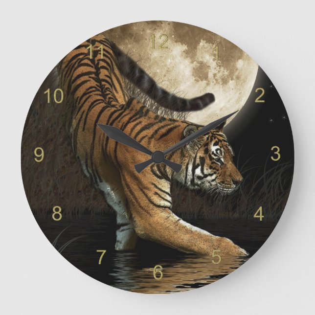 Rare Tiger & Moon Big Cat Animal-Lover Wall Clock Große Wanduhr (Vorderseite)