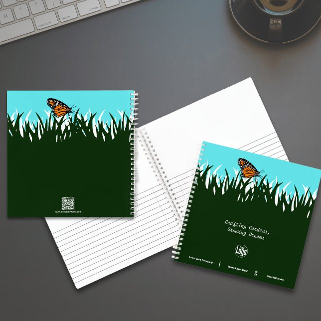 Rasenfläche-Silhouette-Schmetterlingsförderung Notizbuch (Lawn Silhouette Butterfly Promotional Notebook - Motto - Logo - Name - Social - QR Code)