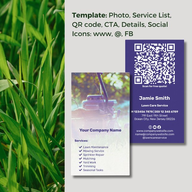 Rasenmäher für QR-Foto-Branding Visitenkarte (Lawn Service Branding QR Code Photo Lawn Mower Business Card, Service List, Icons: www, @, FB)