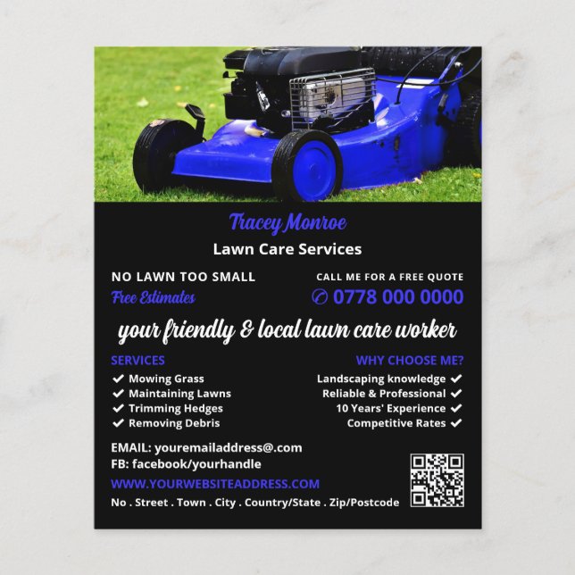 Rasenmäher, Rasenpflege im blauen Garten Flyer (Vorne)