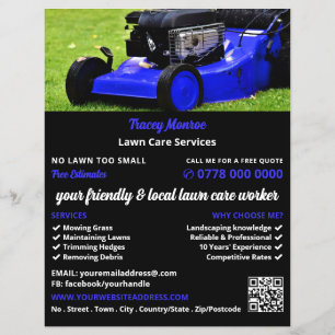 Rasenmäher, Rasenpflege im blauen Garten Flyer
