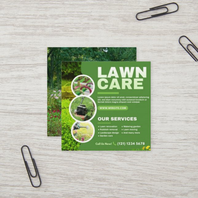 Rasenpflege Landscaping Quadratische Visitenkarte (Vorderseite/Rückseite Beispiel)