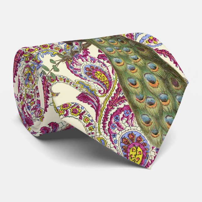 Raspberry Blue Pink Green Paisley Peacock Krawatte (Gerollt)