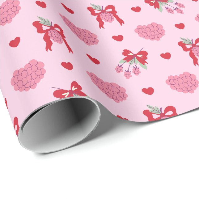 Raspberry & Bow Muster Wrapping Paper Roll Geschenkpapier (Rolleneckpunkt)
