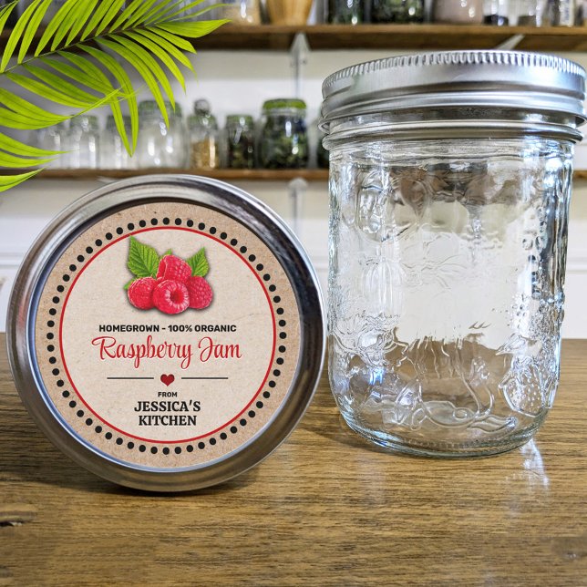 Raspberry Canning Jar Kraft Papier Style Label Runder Aufkleber (Von Creator hochgeladen)