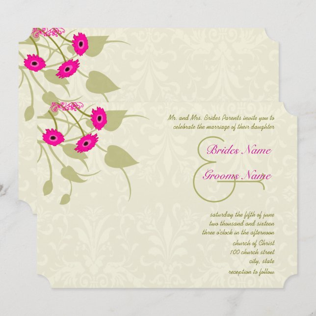 Raspberry Gerber Damask Hochzeitseinladungen Einladung (Vorne/Hinten)