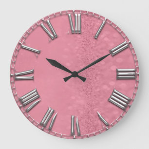Raspberry Glitzer Metal Gray Silver Roman Numbers Große Wanduhr