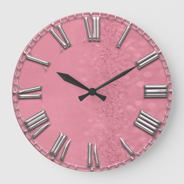 Raspberry Glitzer Metal Gray Silver Roman Numbers Große Wanduhr (Vorderseite)