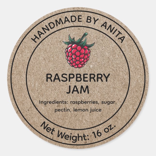 Raspberry Jam Jelly Jar Label Kraft Paper Style Runder Aufkleber (Vorderseite)