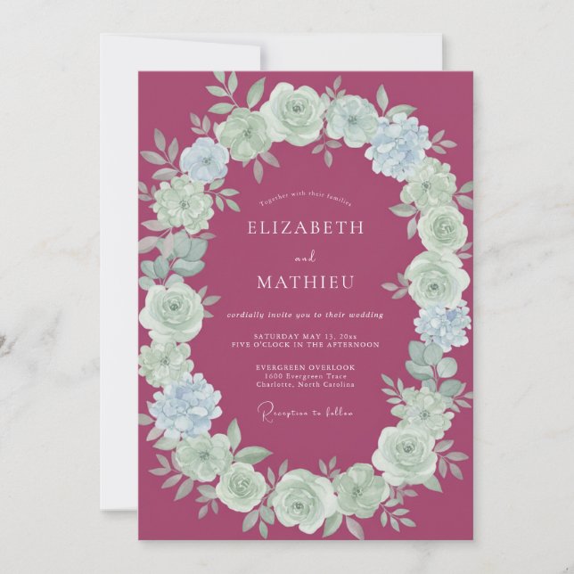 Raspberry-Minz-Pfingstrosen-Hochzeit Einladung (Vorderseite)