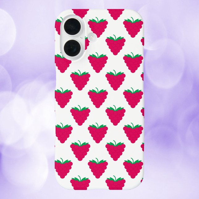 Raspberry Pink Fruit Berry Pattern iPhone 16 Hülle (A phone case with a pattern of pink raspberries with green stems.)