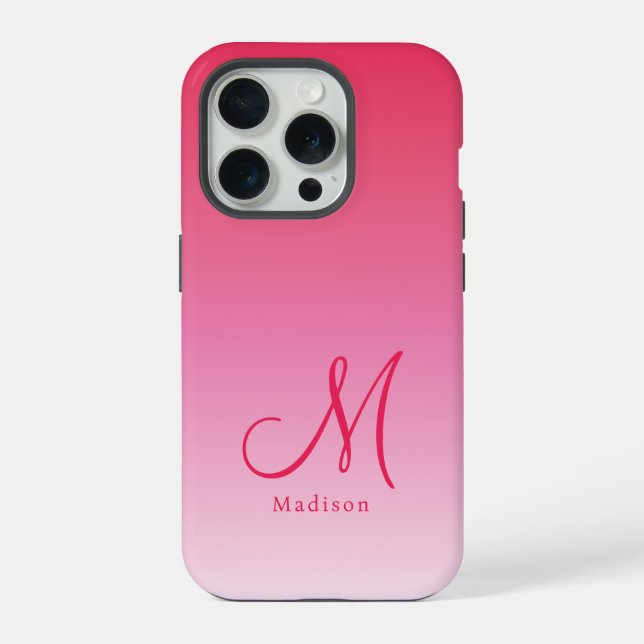 Raspberry Pink Gradient Custom Monogram Name iPhone 15 Pro Hülle (Rückseite)
