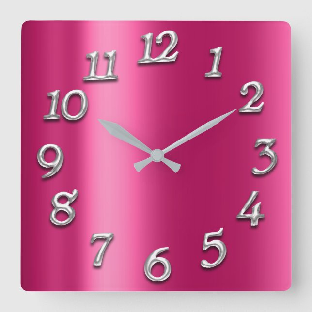 Raspberry Pink Metallic Minimal Silver Fuchsia Quadratische Wanduhr (Vorderseite)