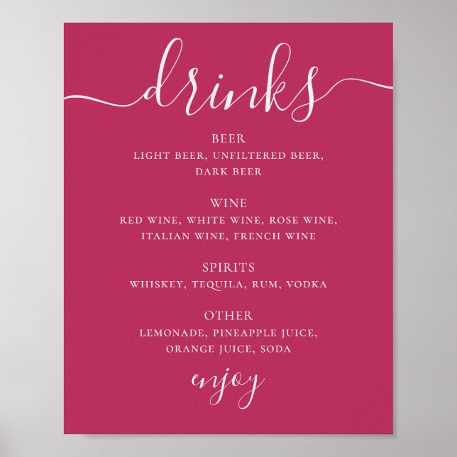 Raspberry Pink Script Hochzeitsgetränke Bar Menü Poster (Vorne)