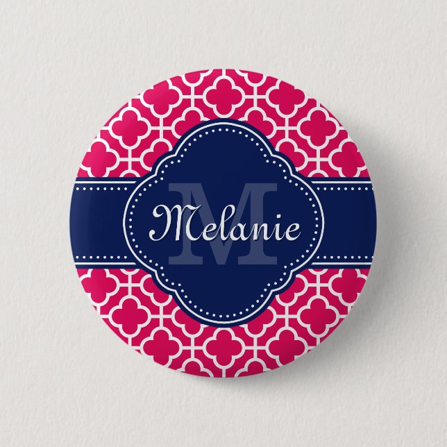 Raspberry Pink Welch marokkanische Pattern Navy Mo Button (Vorderseite)