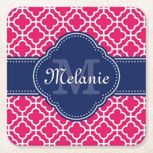 Raspberry Pink Welch marokkanische Pattern Navy Mo Rechteckiger Pappuntersetzer