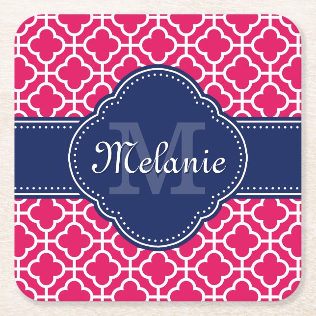 Raspberry Pink Welch marokkanische Pattern Navy Mo Rechteckiger Pappuntersetzer (Vorderseite)