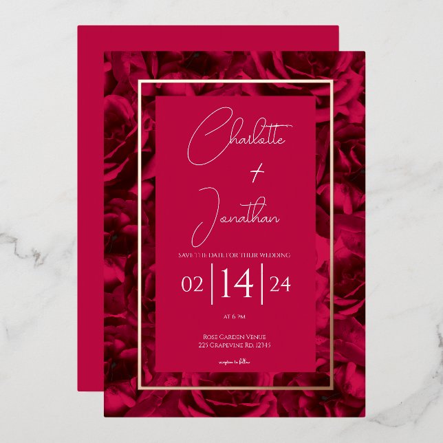 Raspberry Rose Garden Floral Wedding Gold Folieneinladung (Vorderseite/Rückseite)