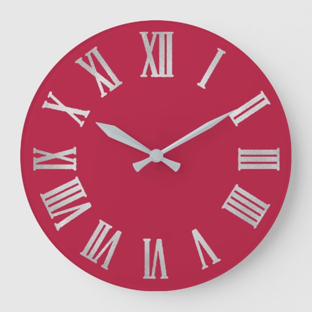 Raspberry Rose Silver Metallic Gray Roman Numbers Große Wanduhr (Vorderseite)