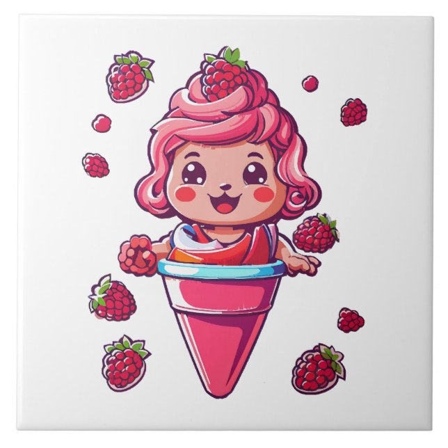 Raspberry Sorbet Kawaii Fliese (Vorderseite)
