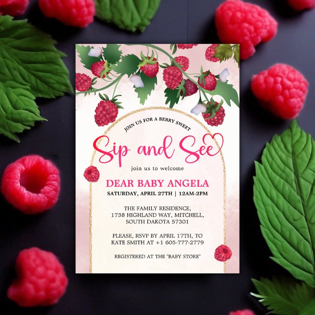Raspberry Sweet Watercolor Babydusche Sip & See Einladung (Raspberry Sweet Watercolor Baby Shower Sip & See Invitation)