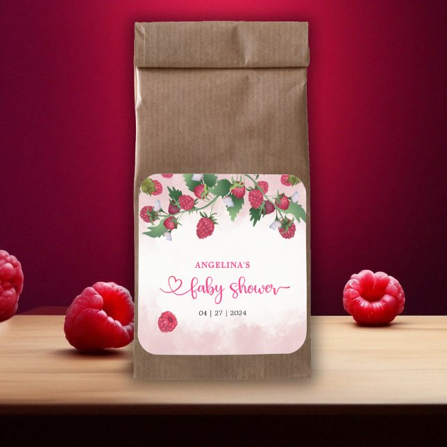 Raspberry Sweet Watercolor Girl Babydusche Quadratischer Aufkleber (Raspberry Sweet Watercolor Girl Baby Shower Square Sticker)